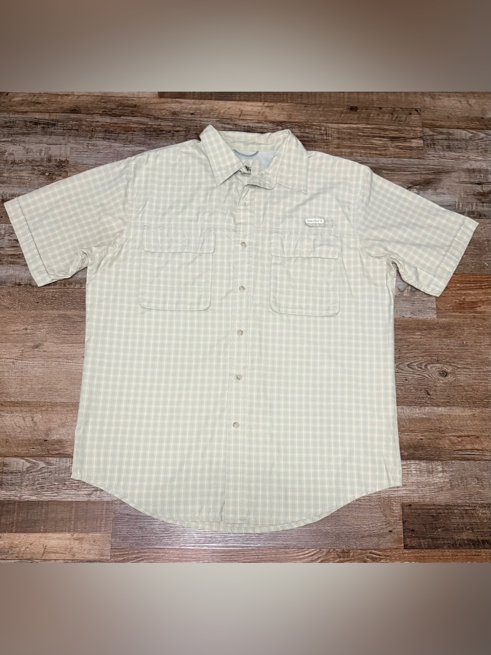Timberland Men's Short-Sleeve Button-Down Shirt in Light Tan Plaid
